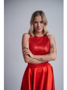 Hátán fűzős, csillámos, ujjatlan crop-top piros színben.