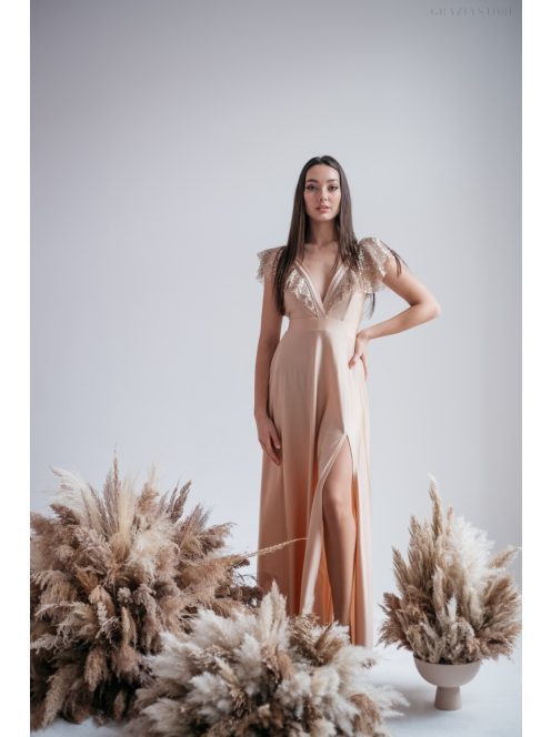 Anasztázia – pezsgő színű maxi ruha fodros ujjakkal