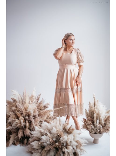 Kitti - pezsgő színű midi ruha puffos ujjakkal