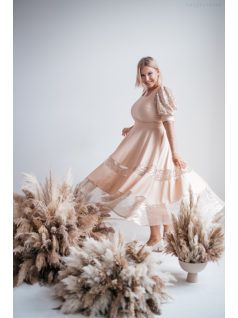 Kitti - pezsgő színű midi ruha puffos ujjakkal