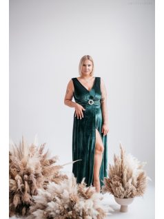   Heater – Sötétzöld ujjatlan bársony ruha, derekán övszerű dísszel