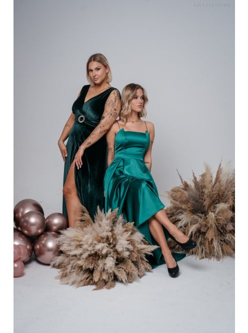 Heater – Sötétzöld ujjatlan bársony ruha, derekán övszerű dísszel