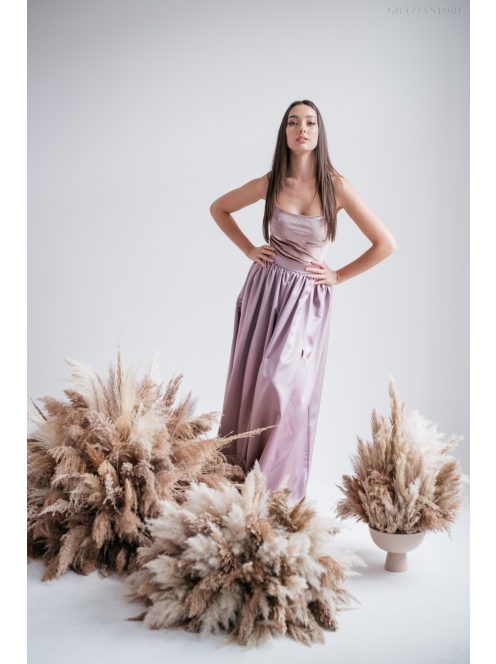 Madleine - mályva színű szatén és bársony maxi ruha hátán pántokkal 