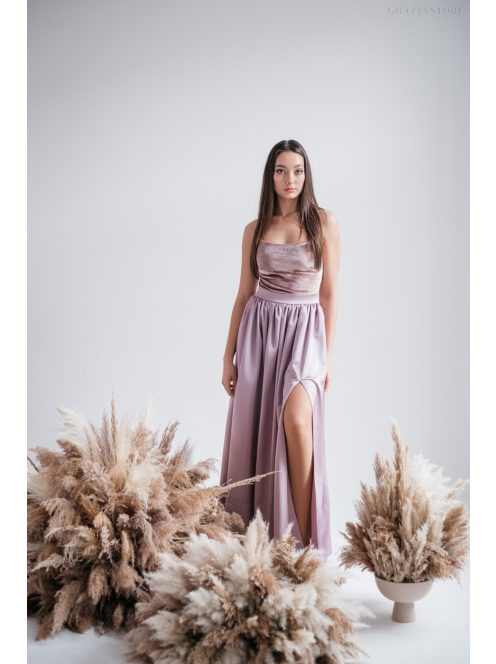 Madleine - mályva színű szatén és bársony maxi ruha hátán pántokkal 
