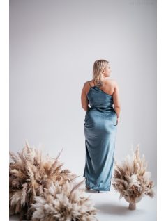   Helén - szürkéskék bársony maxi ruha aszimmetrikus felsőrésszel