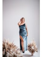 szürkéskék bársony maxi ruha aszimmetrikus felsőrésszel