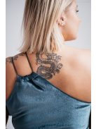 szürkéskék bársony maxi ruha aszimmetrikus felsőrésszel