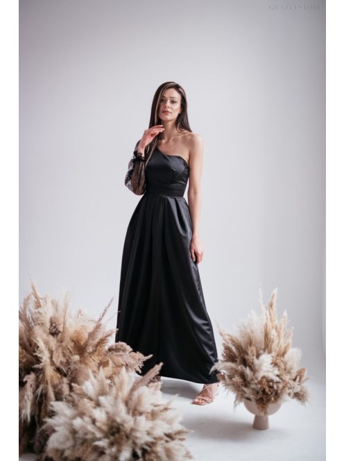 Nicole -Aszimmetrikus fekete szatén maxi ruha