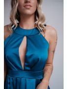 Petrolkék szatén maxi ruha aszimmetrikus szoknyarésszel.