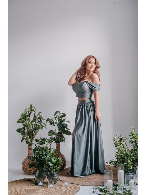 Rebeka - húzott maxi szoknya, army színű, fényes, elasztikus anyagból