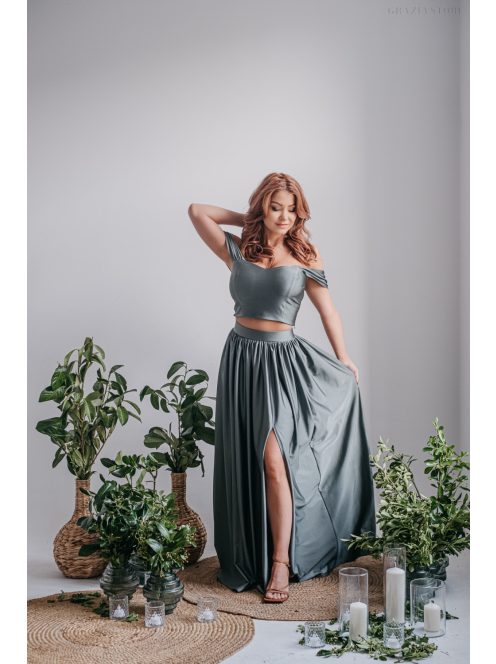 Rebeka - húzott maxi szoknya, army színű, fényes, elasztikus anyagból