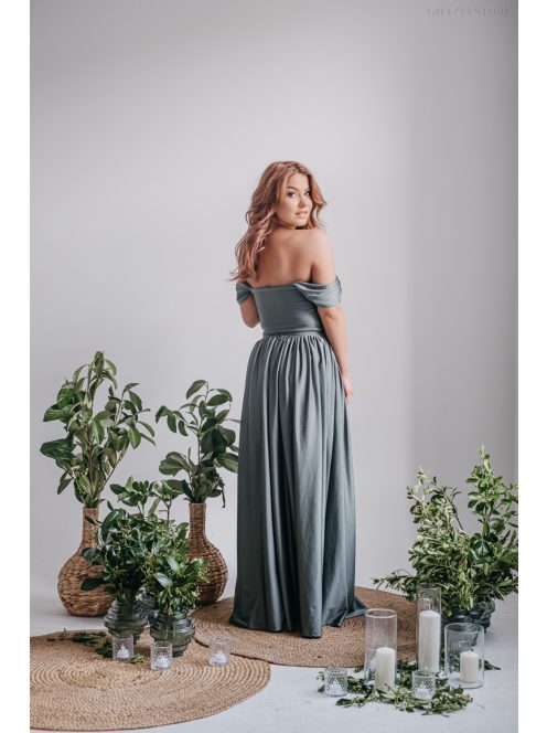 Rebeka - húzott maxi szoknya, army színű, fényes, elasztikus anyagból
