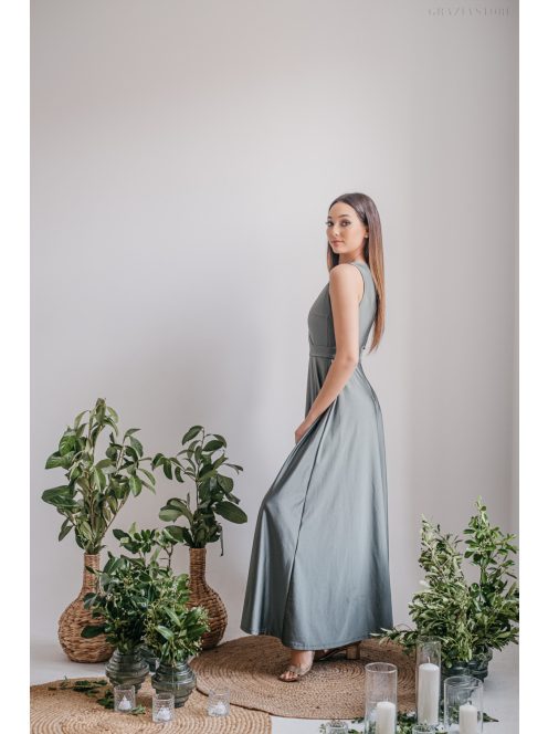 Zóra - átlapolt mellrészű maxi ruha army zöld színben