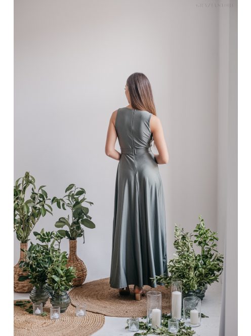 Zóra - átlapolt mellrészű maxi ruha army zöld színben