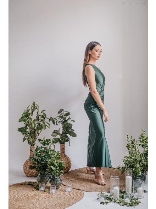 Lili - goblin zöld színű csavart elejű szűk fazonú maxi ruha 