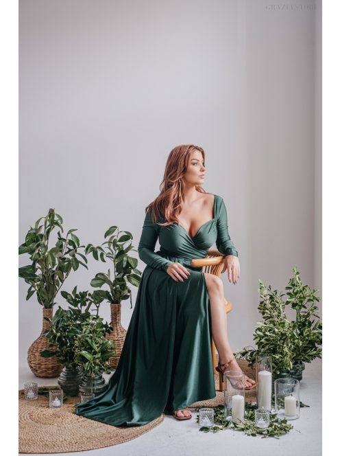 Miranda - hosszú ujjú goblin zöld maxi ruha elasztikus anyagból