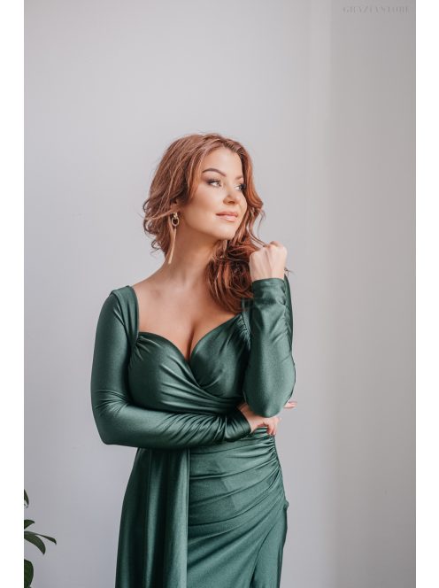 Miranda - hosszú ujjú goblin zöld maxi ruha elasztikus anyagból