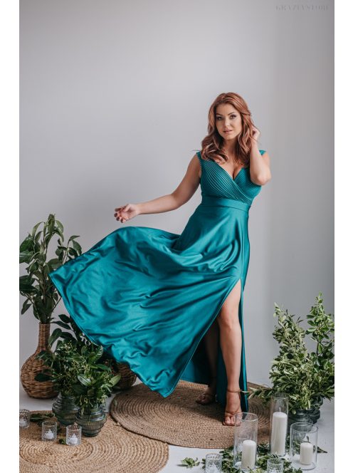 Polli - átlapolt, bordázott mellrészű boyscout zöld maxi ruha 