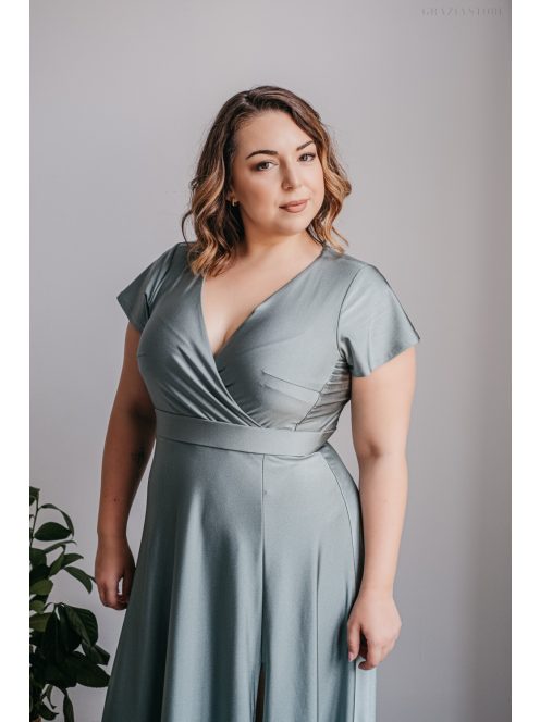 Zóra ujjakkal – átlapolt mellrészű maxi ruha rövid ujjakkal foresty zöld színű elasztikus anyagból 