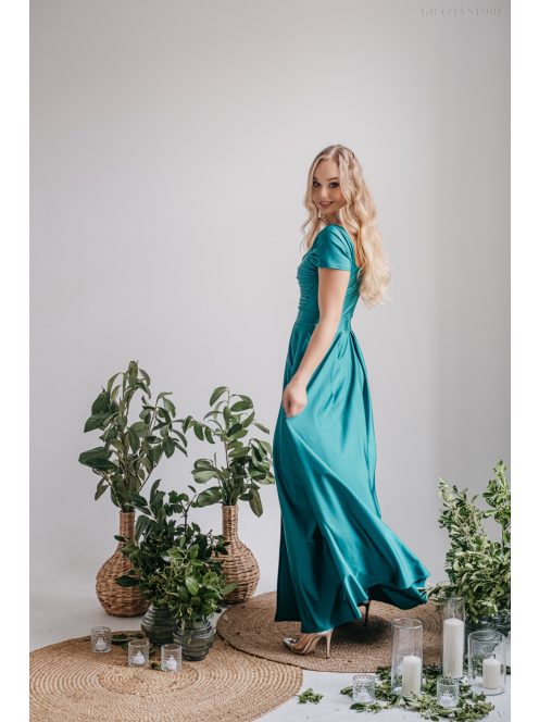 Inez – ráncolt felsőrészű, romantikus ujjú boyscout zöld maxi ruha elasztikus anyagból