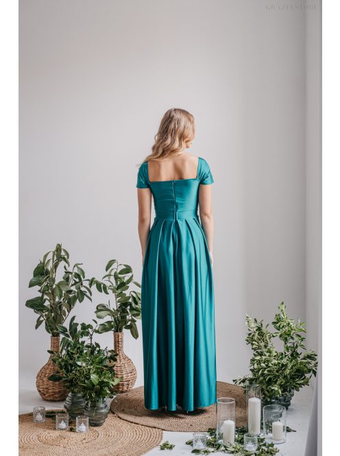 Inez – ráncolt felsőrészű, romantikus ujjú boyscout zöld maxi ruha elasztikus anyagból