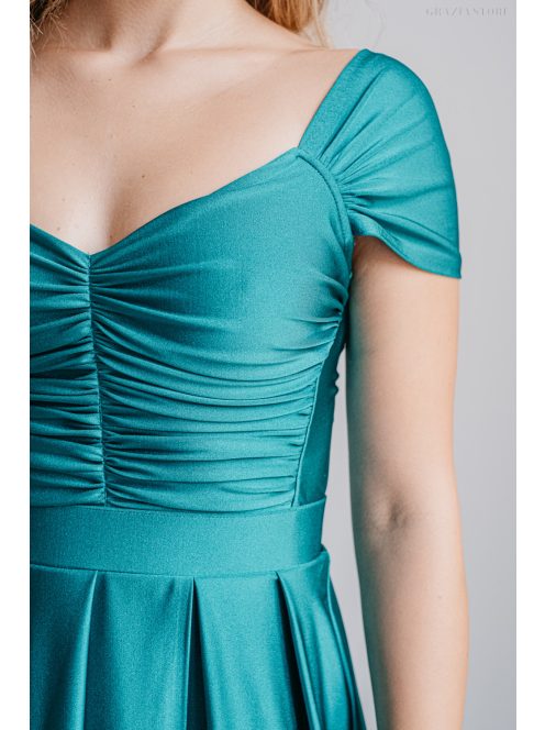 Inez – ráncolt felsőrészű, romantikus ujjú boyscout zöld maxi ruha elasztikus anyagból