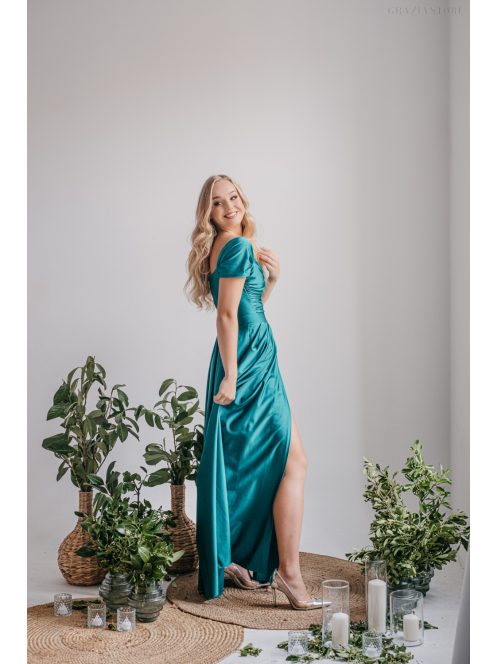 Inez – ráncolt felsőrészű, romantikus ujjú boyscout zöld maxi ruha elasztikus anyagból