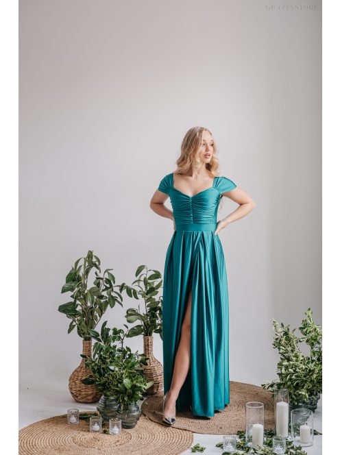 Inez – ráncolt felsőrészű, romantikus ujjú boyscout zöld maxi ruha elasztikus anyagból