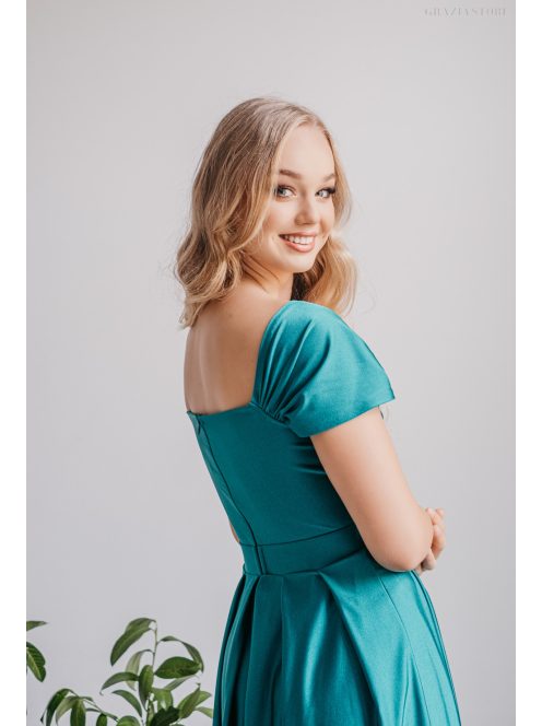 Inez – ráncolt felsőrészű, romantikus ujjú boyscout zöld maxi ruha elasztikus anyagból