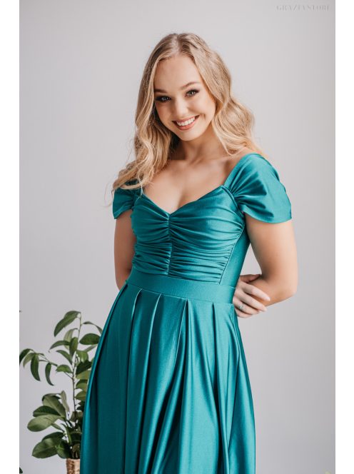 Inez – ráncolt felsőrészű, romantikus ujjú boyscout zöld maxi ruha elasztikus anyagból