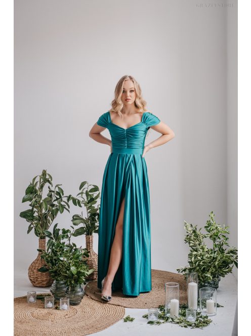 Inez – ráncolt felsőrészű, romantikus ujjú boyscout zöld maxi ruha elasztikus anyagból