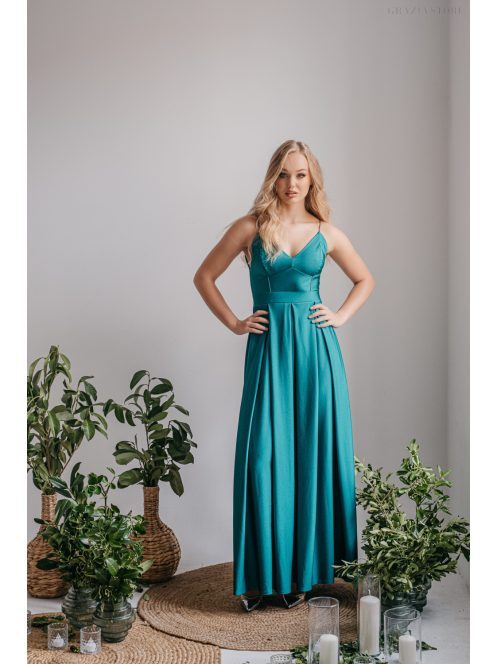 V-kivágású maxi ruha spagetti pántokkal boyscout zöld színben.