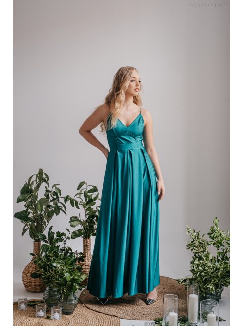 V-kivágású maxi ruha spagetti pántokkal boyscout zöld színben.