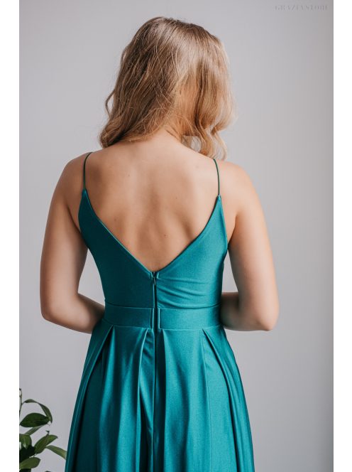 V-kivágású maxi ruha spagetti pántokkal boyscout zöld színben.