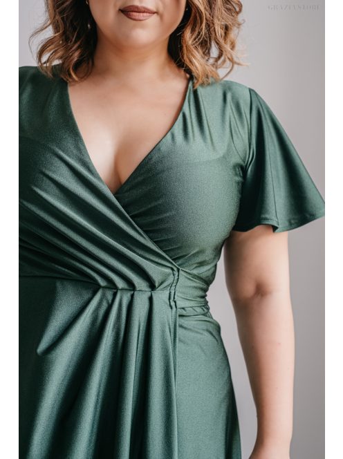 Alina – rövid ujjas átlapolós maxi ruha goblin zöld színben