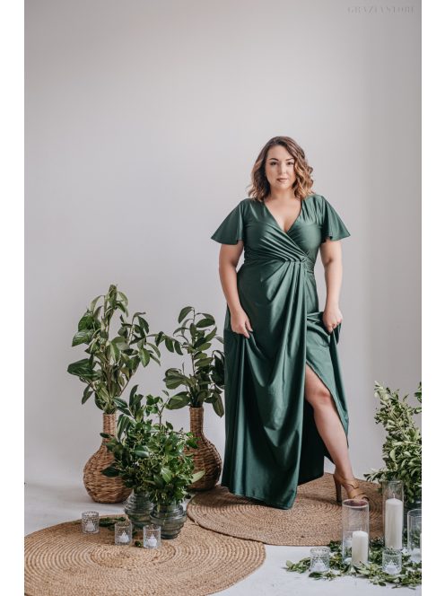 Rövid ujjas átlapolós maxi ruha goblin zöld színben.