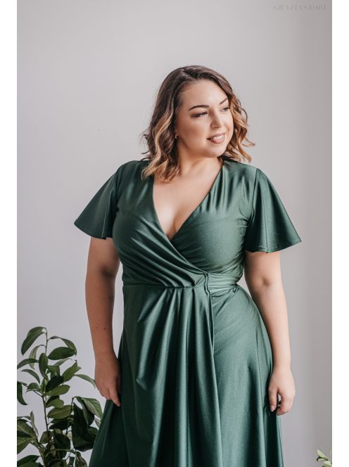 Alina – rövid ujjas átlapolós maxi ruha goblin zöld színben