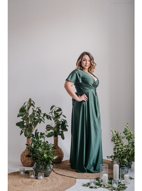 Alina – rövid ujjas átlapolós maxi ruha goblin zöld színben