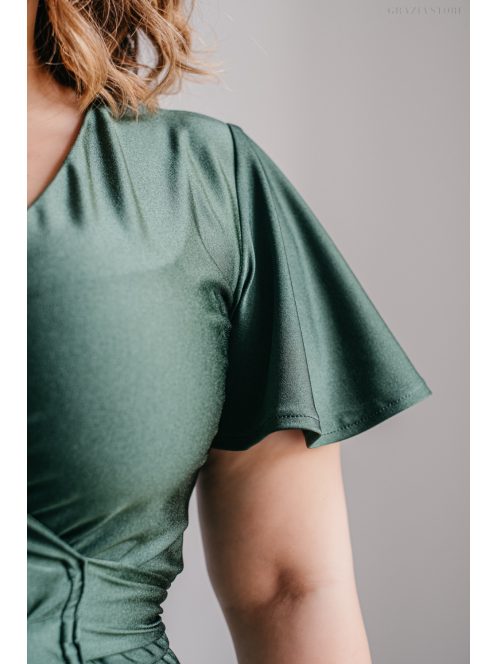 Alina – rövid ujjas átlapolós maxi ruha goblin zöld színben