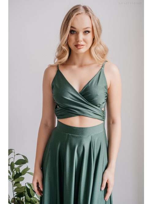 Yvonne - elasztikus anyagú maxi ruha keresztezett felsővel goblin zöld színben