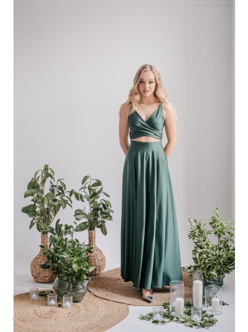 Yvonne - elasztikus anyagú maxi ruha keresztezett felsővel goblin zöld színben