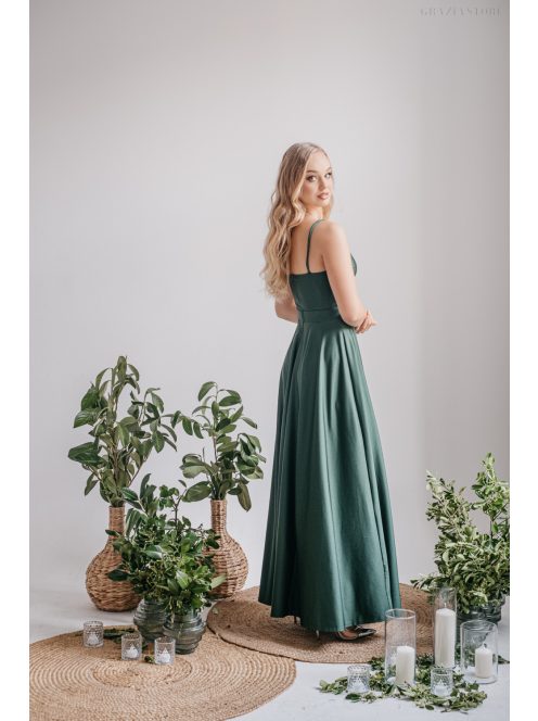 Yvonne - elasztikus anyagú maxi ruha keresztezett felsővel goblin zöld színben