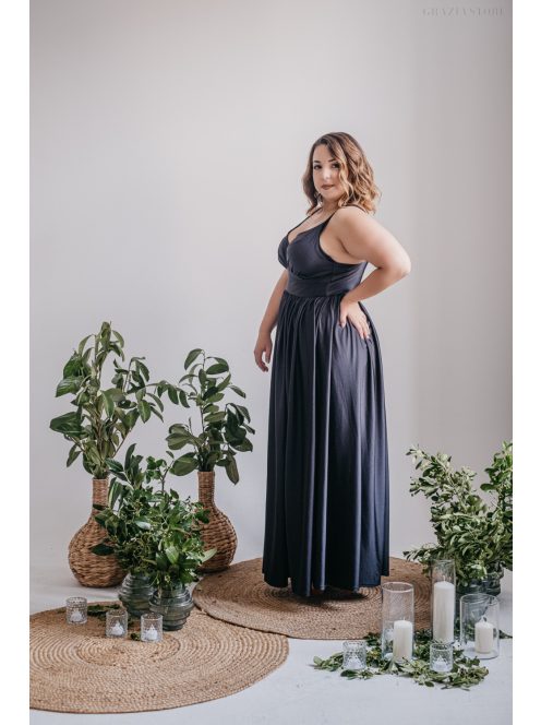 Hanna - V kivágású fekete maxi ruha elasztikus anyagból