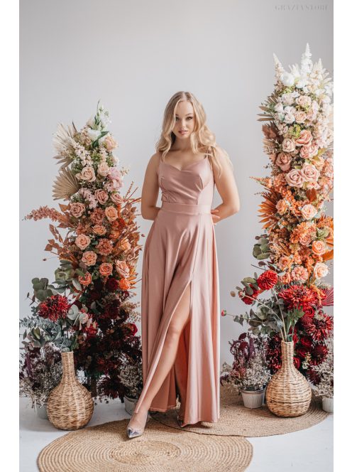 Sophie – Vékony pántos, szív kivágású maxi ruha coffee-cream színben