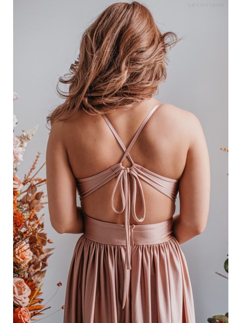 Emma - V-kivágású coffee-cream színű elasztikus anyagú ruha különleges hátrésszel