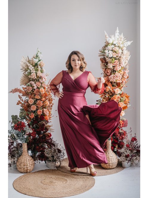 Polli ujjakkal - átlapolt, bordázott mellrészű bolero maxi ruha tüll ujjakkal