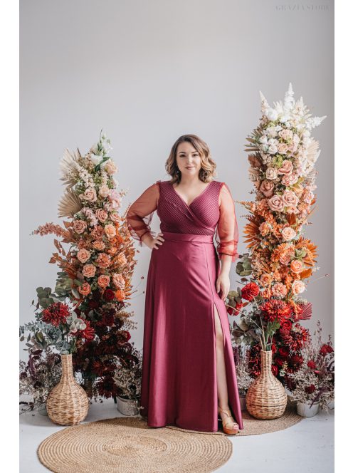 Polli ujjakkal - átlapolt, bordázott mellrészű bolero maxi ruha tüll ujjakkal