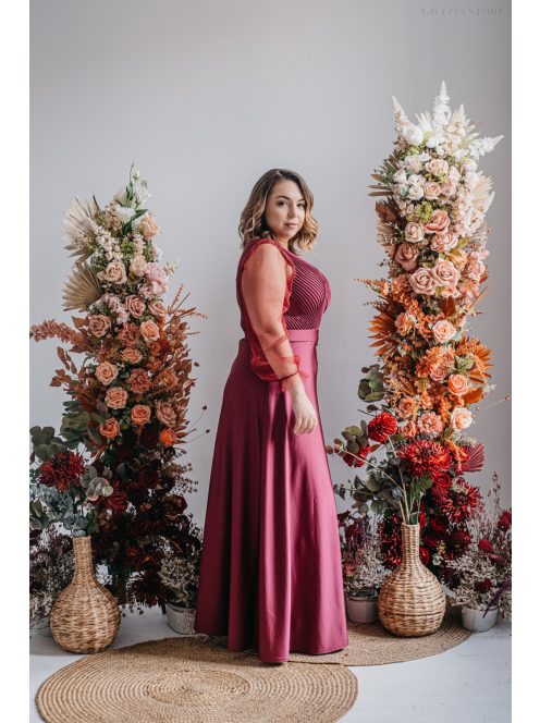 Polli ujjakkal - átlapolt, bordázott mellrészű bolero maxi ruha tüll ujjakkal