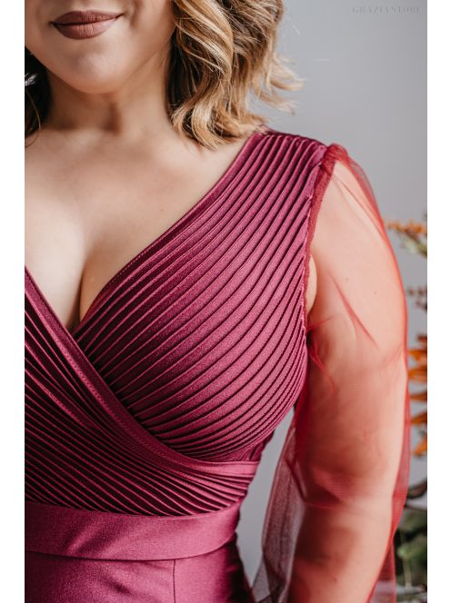 Polli ujjakkal - átlapolt, bordázott mellrészű bolero maxi ruha tüll ujjakkal