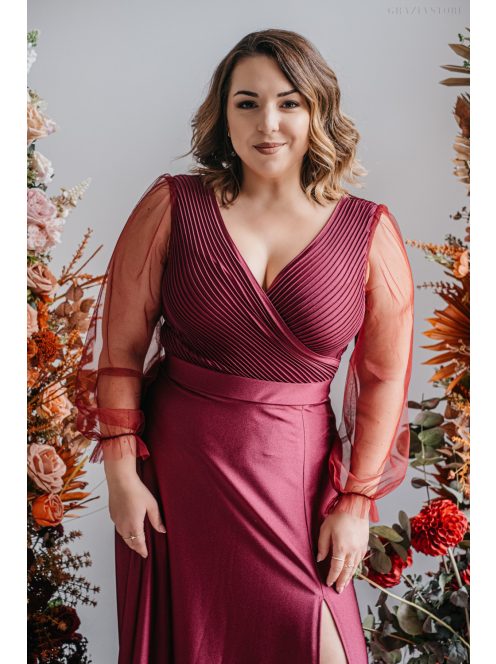 Polli ujjakkal - átlapolt, bordázott mellrészű bolero maxi ruha tüll ujjakkal